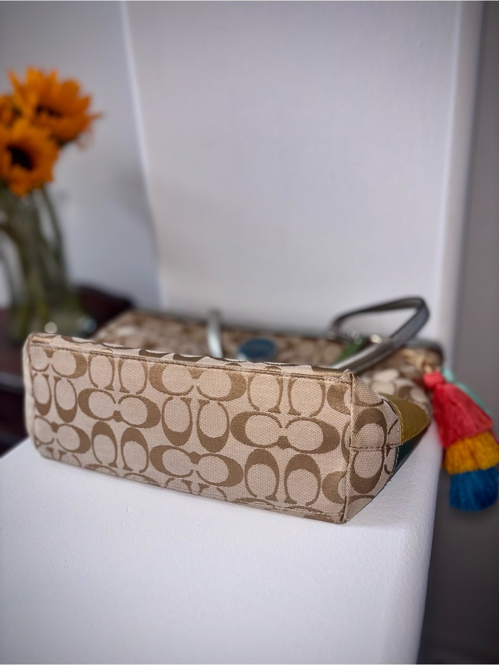 Coach Signature Stripe Tote Bag Khaki Multi Canvas Colorblock Tote Boho Chic - Picture 11 of 11